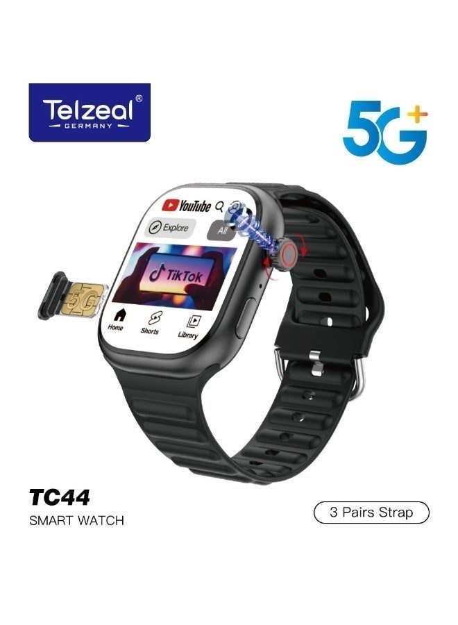 Telzeal TC44 5G Smart Watch – Black, Sim Card Support, 8MP Camera, 2.2” HD Display, Unisex Design for Ladies & Gents, Includes 3 Interchangeable Straps, Fitness Tracker, Notifications, Charging Cable Included - Image 1